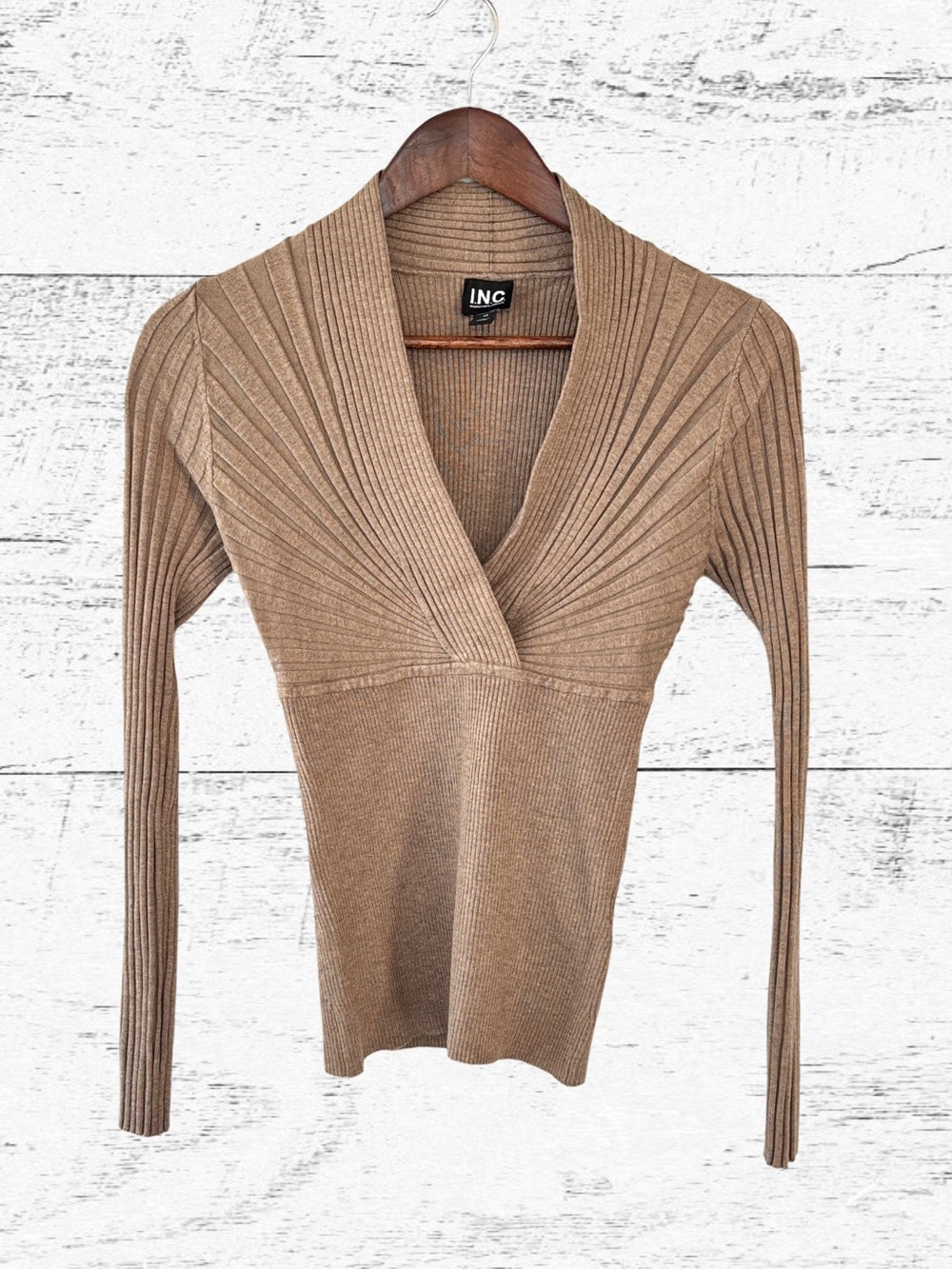 INC International Concepts Camel Ribbed V-Neck Sweater